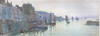 Lot 480 - WILLIAM MATTHISON (1853-1926) - EVENING DEPARTURE OF BOATS, WHITBY - WATERCOLOUR