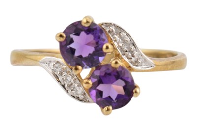 Lot 237 - HALLMARKED 9CT GOLD AMETHYST & DIAMOND CROSSOVER RING