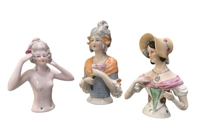 Lot 99 - THREE GERMAN EARLY 20TH CENTURY HAND PAINTED PORCELAIN HALF DOLLS