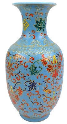 Lot 77 - CHINESE YONGZHENG MARK VASE WITH POLYCHROME FOLIATE MOTIF VASE 雍正款 青釉珐琅彩花卉瓶