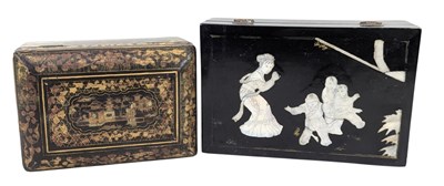 Lot 136 - TWO CHINESE LACQUERED BOXES INCLUDING A MOTHER OF PEARL INLAID JEWELLERY BOX