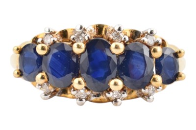 Lot 432 - HALLMARKED 9CT GOLD SAPPHIRE & DIAMOND FIVE STONE RING