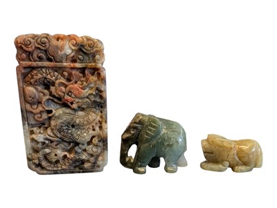 Lot 322 - CHINESE DRAGON STONE PENDANT W/ JADE ELEPHANT & TEMPLE DOG