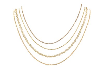 Lot 439 - FOUR HALLMARKED 9CT GOLD FANCY CHAIN LINK NECKLACES