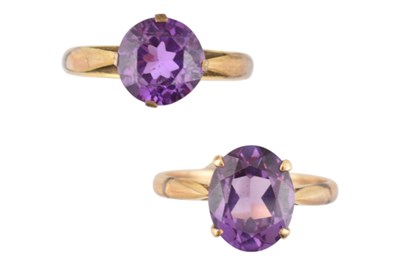 Lot 449 - TWO 14CT GOLD & SYNTHETIC SAPPHIRE SOLITAIRE RINGS