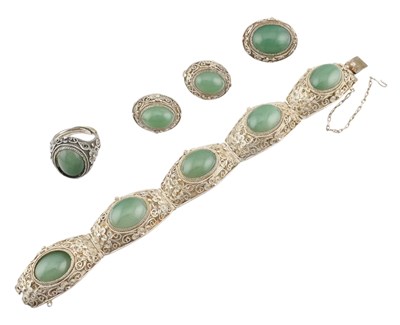 Lot 584 - CHINESE SILVER & JADE BRACELETS & RINGS SET
