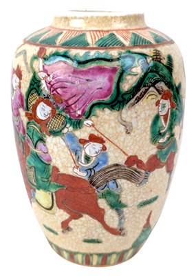 Lot 153 - 19TH CENTURY CHINESE CRACKLE GLAZED 'WARRIOR' GINGER JAR 19世纪哥釉粉彩人物罐