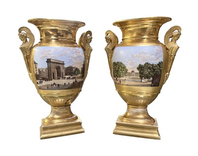 Lot 131 - POSSIBLY PARIS PORCELAIN - PAIR OF FRENCH EMPIRE HAND PAINTED URN VASES OF PARIS