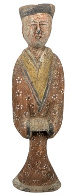 Lot 39 - CHINESE HAN DYNASTY PAINTED TERRACOTTA POTTERY FIGURE OF A LADY 汉代 陶俑