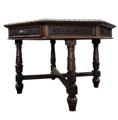 Lot 585 - GOTHIC INSPIRED OAK OCTAGONAL DINING TABLE WITH SIX CHAIRS
