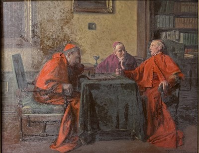 Lot 340 - MAX BARASCUDTS (1869-1927) - CARDINALS PLAYING CHESS - OIL ON BOARD PAINTING