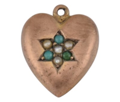 Lot 187 - VICTORIAN 9CT GOLD TURQUOISE & PEARL HEART PENDANT