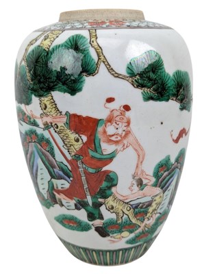 Lot 11 - 19TH CENTURY CHINESE QING DYNASTY FAMILLE VERTE 'ZHONGKUI' GINGER JAR 清 五彩人物故事罐
