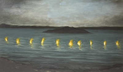 Lot 2 - PHILIP BRAHAM (B. 1959) - BURNING WATER, INCHOLM, 1992 - OIL ON PAPER