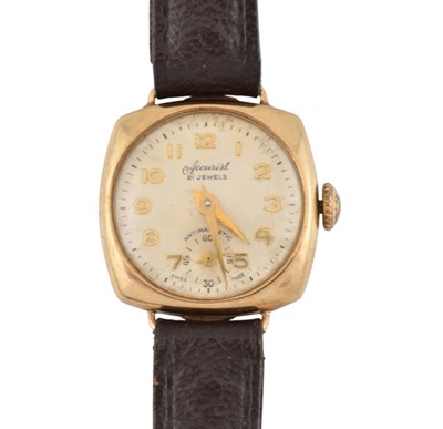 Lot 404 - A HALLMARKED 9CT GOLD CASED ACCURIST 21 JEWEL WRISTWATCH