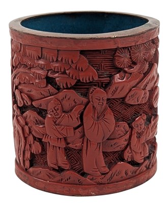 Lot 174 - 20TH CENTURY CHINESE BRONZE BASE CARVED CINNABAR POT 20世纪铜胎剔红短筒