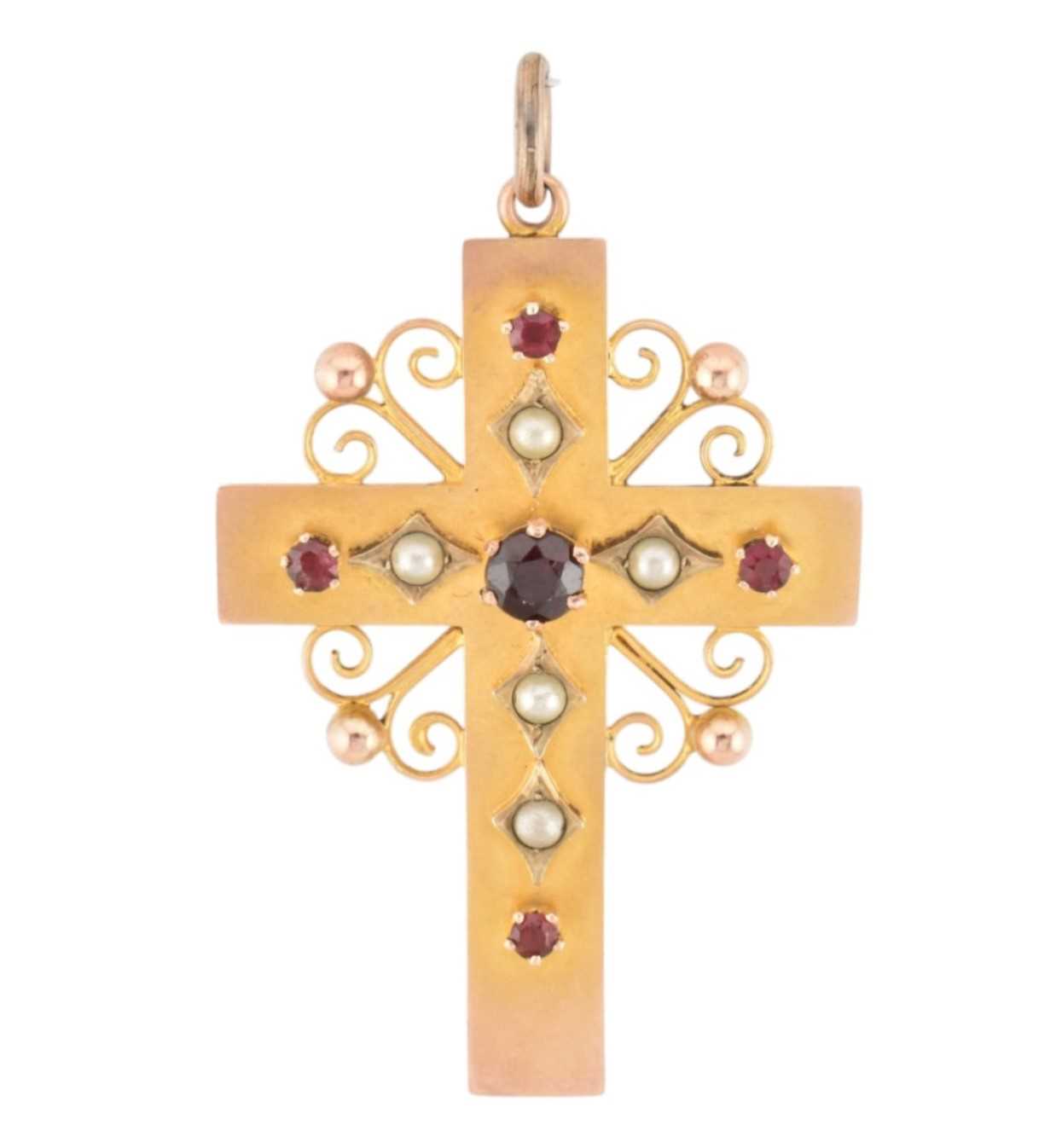 Lot 9 - 19TH CENTURY ANTIQUE GOLD AND GARNET CROSS PENDANT