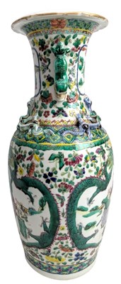 Lot 20 - 19TH CENTURY QING DYNASTY FAMILLE VERTE WUCAI TWIN HANDLED VASE 清 五彩人物龙纹瓶