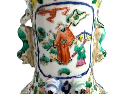 Lot 20 - 19TH CENTURY QING DYNASTY FAMILLE VERTE WUCAI TWIN HANDLED VASE 清 五彩人物龙纹瓶