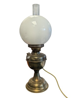 Lot 474 - 19TH CENTURY BRASS OIL LAMP W/ OPALINE GLASS SHADE & CHIMNEY