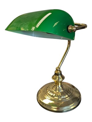 Lot 218 - 20TH CENTURY BRASS WITH GREEN GLASS SHADE BANKERS LAMP