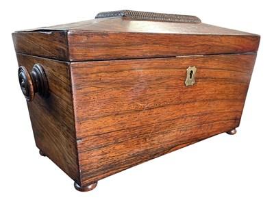 Lot 110 - 19TH CENTURY ROSEWOOD SARCOPHAGUS SHAPED TEA CADDY.