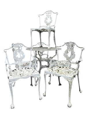 Lot 598 - EARLY 20TH CENTURY WHITE PAINTED METAL GARDEN SET OF TABLE & SIX CHAIRS