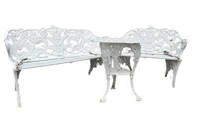 Lot 636 - TWO EARLY 20TH CENTURY CAST METAL PAINTED COALBROOKDALE STYLE BENCHES & TABLE