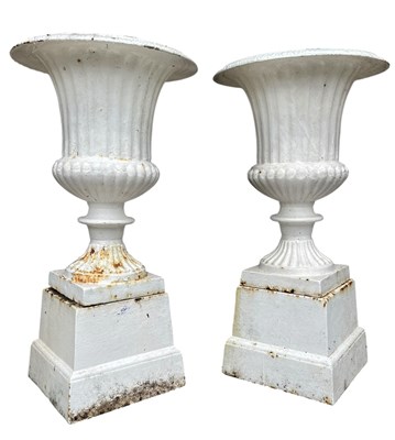 Lot 634 - PAIR LATE 19TH CENTURY GARDEN CAST IRON CAMPANA URN PLANTERS