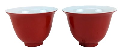 Lot 155 - PAIR OF SMALL CHINESE RED GLAZED MONOCHROME TEACUPS 雍正款 红釉茶杯一对