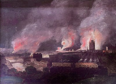 Lot 425 - LATE 19TH/EARLY 20TH CENTURY OIL ON CANVAS PAINTING OF THE 1831 BRISTOL RIOTS