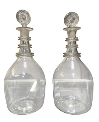 Lot 114 - PAIR OF EARLY 19TH CENTURY HAND BLOWN GLASS DECANTERS WITH NECK RINGS