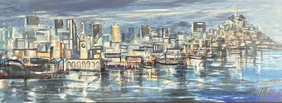 Lot 112 - UNKNOWN CONTEMPORARY - UNTITLED SKYLINE MIXED MEDIA ON BOARD