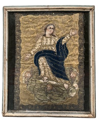 Lot 617 - CONTINENTAL 18TH CENTURY SILK, VELVET & SILVER THREAD EMBROIDERY OF VIRGIN MARY