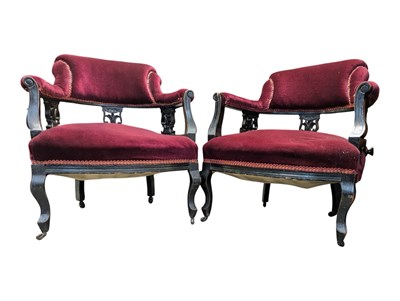 Lot 878 - PAIR OF EDWARDIAN MAHOGANY VELVET TUB CHAIRS