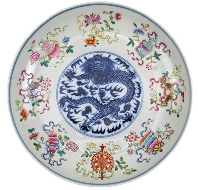 Lot 22 - QING DYNASTY GUANGXU FAMILLE ROSE & BLUE & WHITE CHARGER 光绪八吉祥云龙纹盘