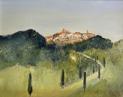 Lot 73 - DAVID WALSH (B. 1958) - UNTITLED ITALIAN OIL ON BOARD LANDSCAPE