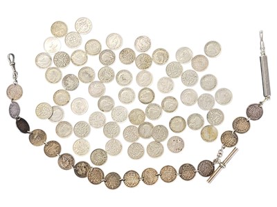 Lot 157 - COLLECTION OF BRITISH SILVER THREEPENCE COINS & ALBERT CHAIN
