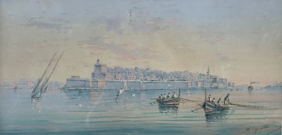 Lot 648 - VICENZO D'ESPOSITO (1866-1946) - COASTAL VIEW OF LA VALLETTA - WATERCOLOUR
