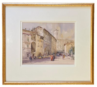 Lot 19 - DENNIS PAGE (B. 1926) - SUNDAY MORNING, SPOLETO - WATERCOLOUR ON PAPER