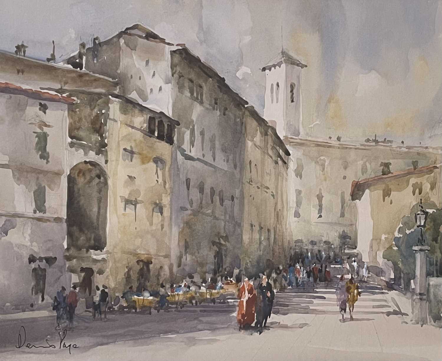 Lot 19 - DENNIS PAGE (B. 1926) - SUNDAY MORNING, SPOLETO - WATERCOLOUR ON PAPER