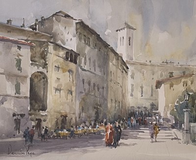 Lot 19 - DENNIS PAGE (B. 1926) - SUNDAY MORNING, SPOLETO - WATERCOLOUR ON PAPER