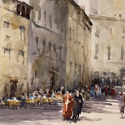 Lot 19 - DENNIS PAGE (B. 1926) - SUNDAY MORNING, SPOLETO - WATERCOLOUR ON PAPER
