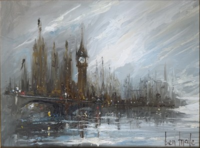 Lot 635 - BEN MAILE (1922-2017) - WESTMINSTER BRIDGE & PARLIAMENT BANKS - OIL ON CANVAS