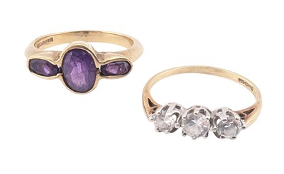 Lot 107 - TWO HALLMARKED GEM SET THREE STONE RINGS