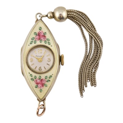 Lot 103 - CORUNDO STERLING SILVER GUILLOCHE ENAMEL PENDANT WATCH