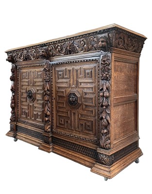 Lot 595 - GOTHIC INSPIRED GREEN MAN OAK WOOD INTRICATELY CARVED SIDEBOARD BUFFET