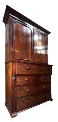 Lot 575 - GEORGE III 19TH CENTURY FLAME MAHOGANY SECRETAIRE BUREAU BOOKCASE CUPBOARD