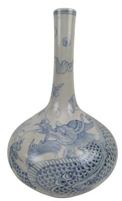 Lot 175 - KOREAN BLUE & WHITE 'DRAGON' CERAMIC BOTTLE VASE 韩国青花龙纹瓶