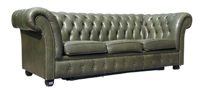 Lot 623 - CHESTERFIELD STYLE 20TH CENTURY GREEN LEATHER BUTTON BACK THREE SEATER SOFA